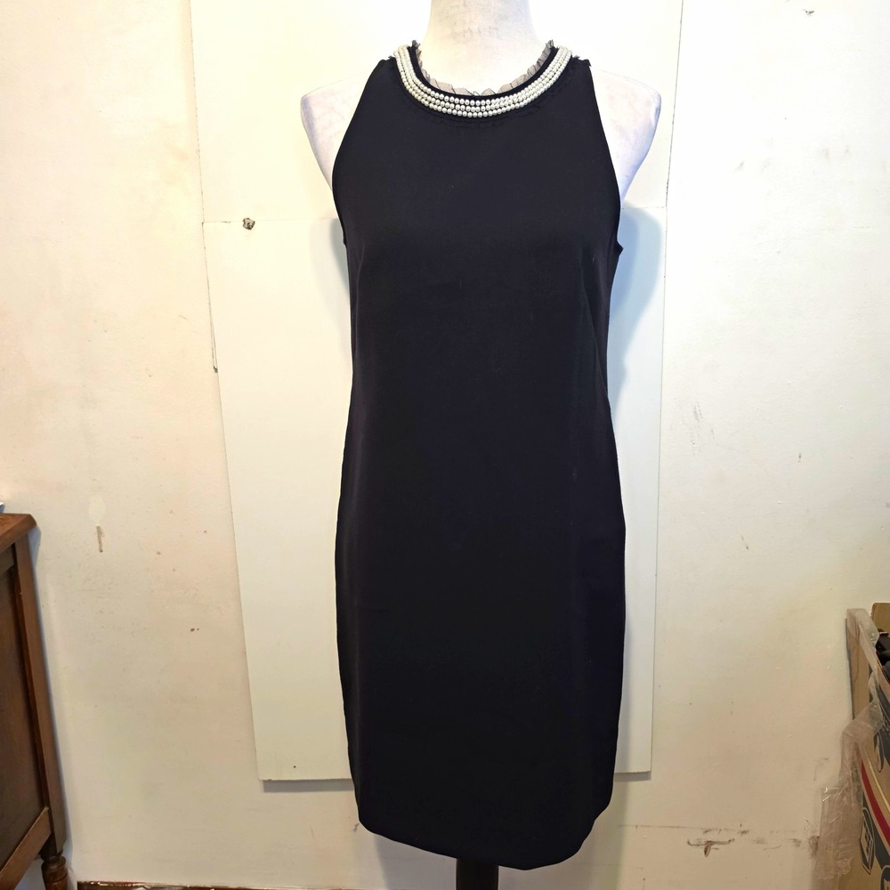 LOFT Women's Black Sleeveless Sheath Dress Pearl Neckline Stretch Zip Size 4